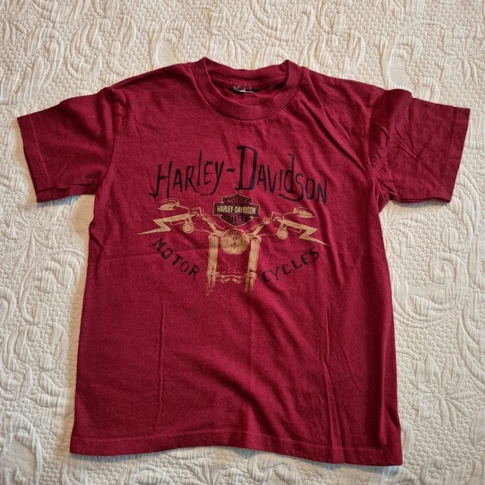 Harley Davidson boys size 8 deep red short sleeve shirt, tags removed VGUC